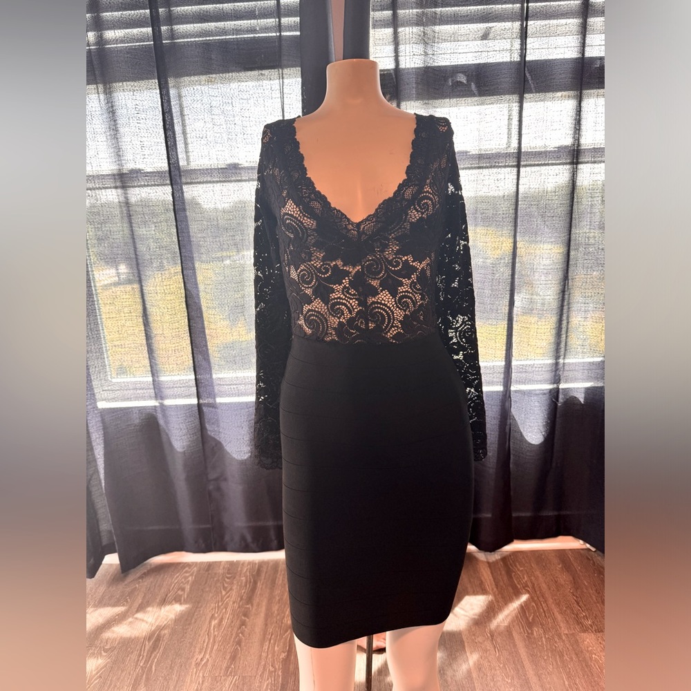 BEBE black lace with solid skirt dress